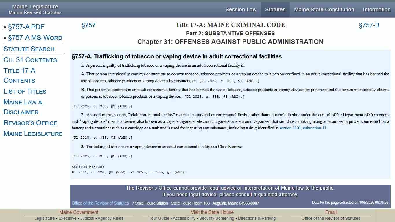 Title 17-A, §757-A: Trafficking of tobacco or vaping device in adult correctional facilities
